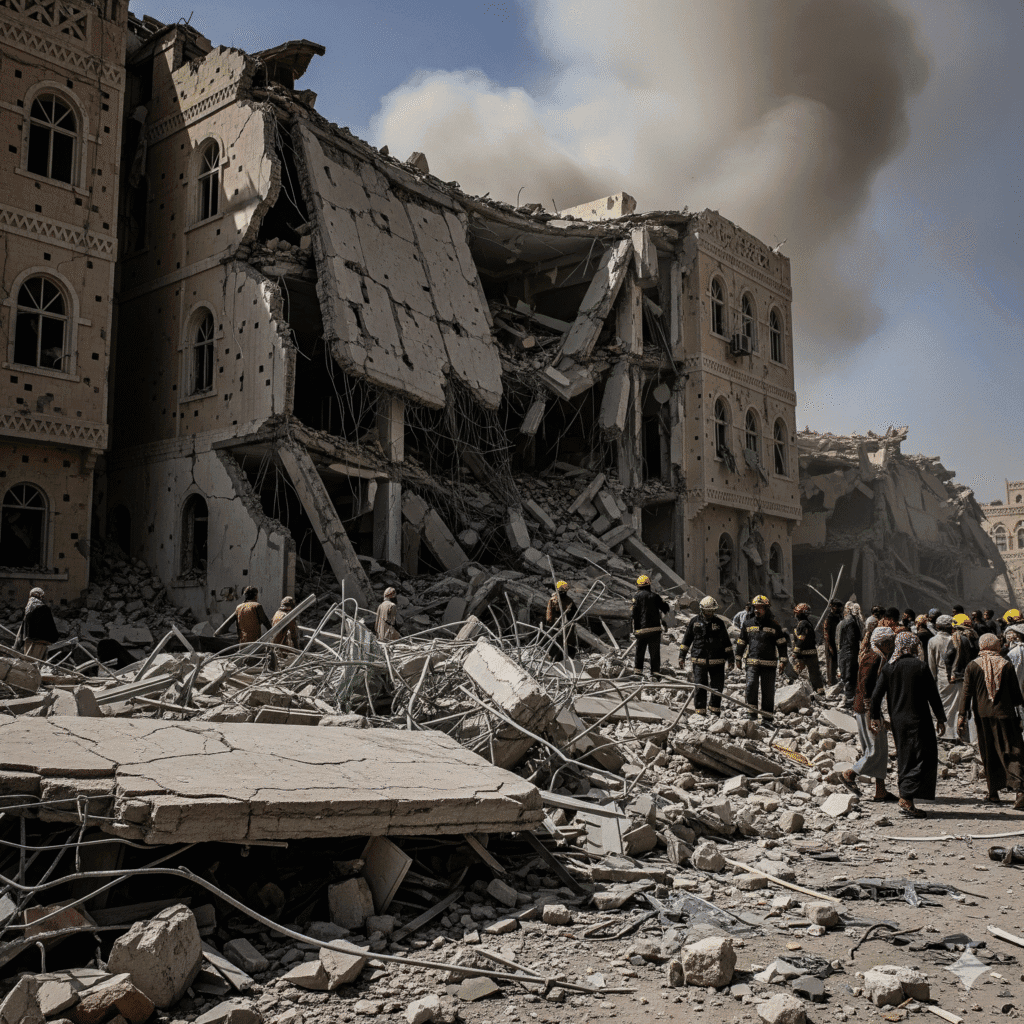 Destroyed building in Beit Baws, Sanaa, with rubble, smoke, and emergency workers searching the site