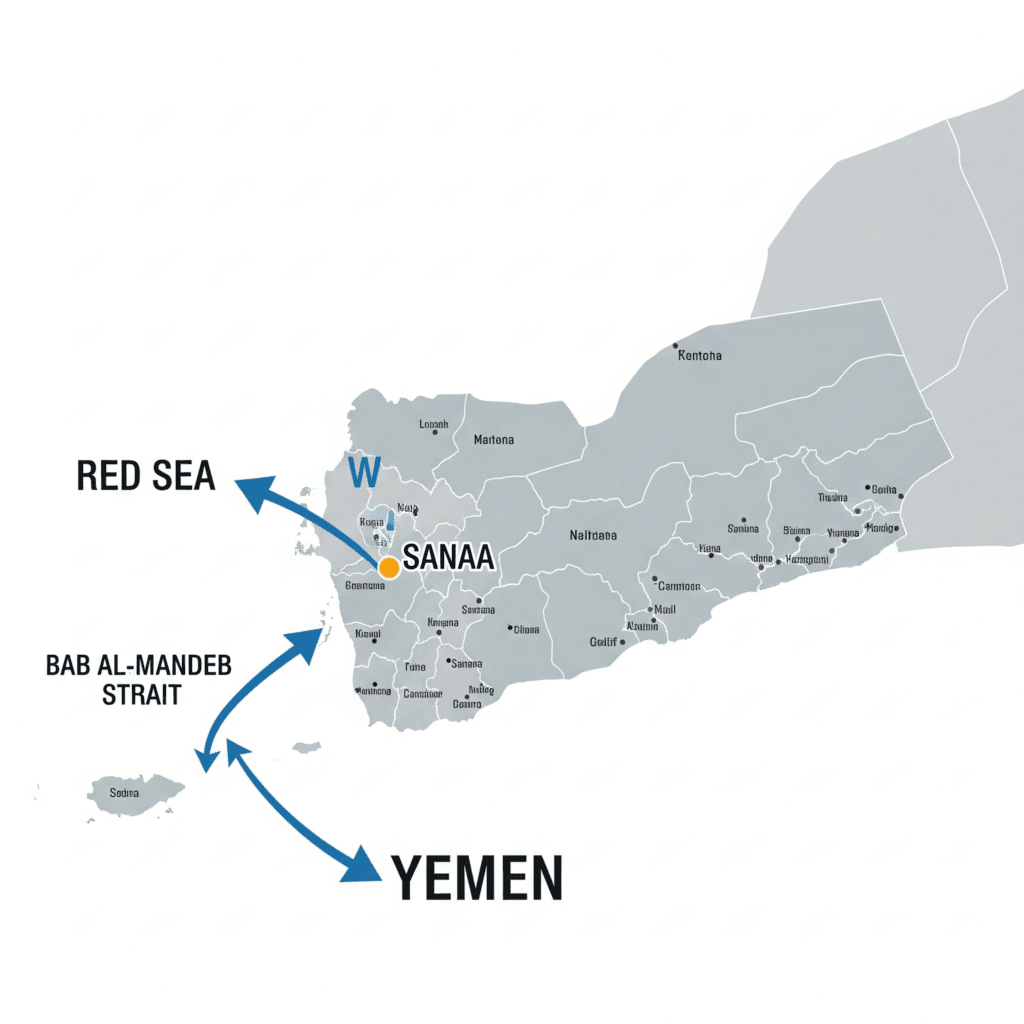 A map showing Yemen, Sanaa, and Red Sea shipping lanes, highlighting the strategic importance of the region.