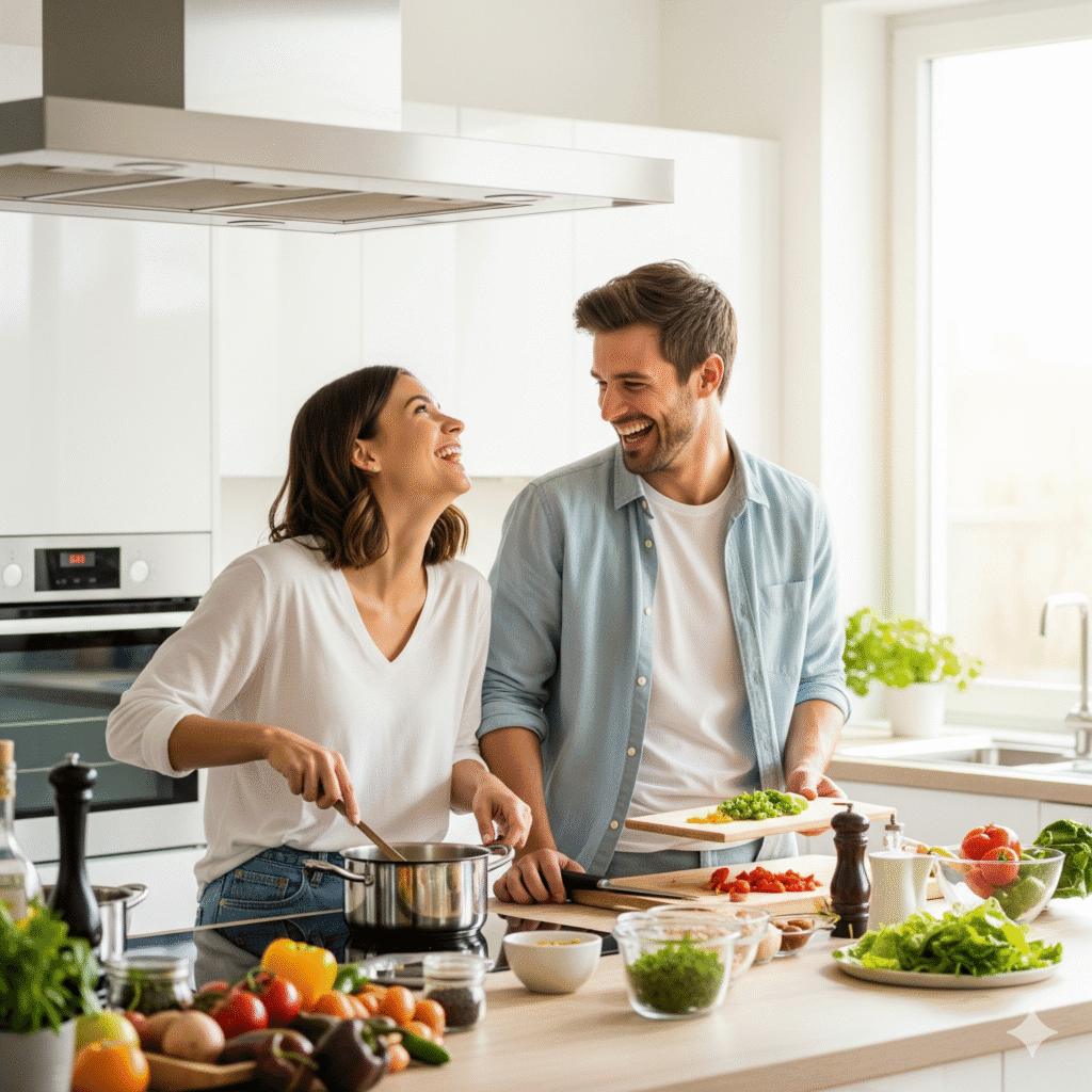 Happy Couple Cooking or Laughing Together