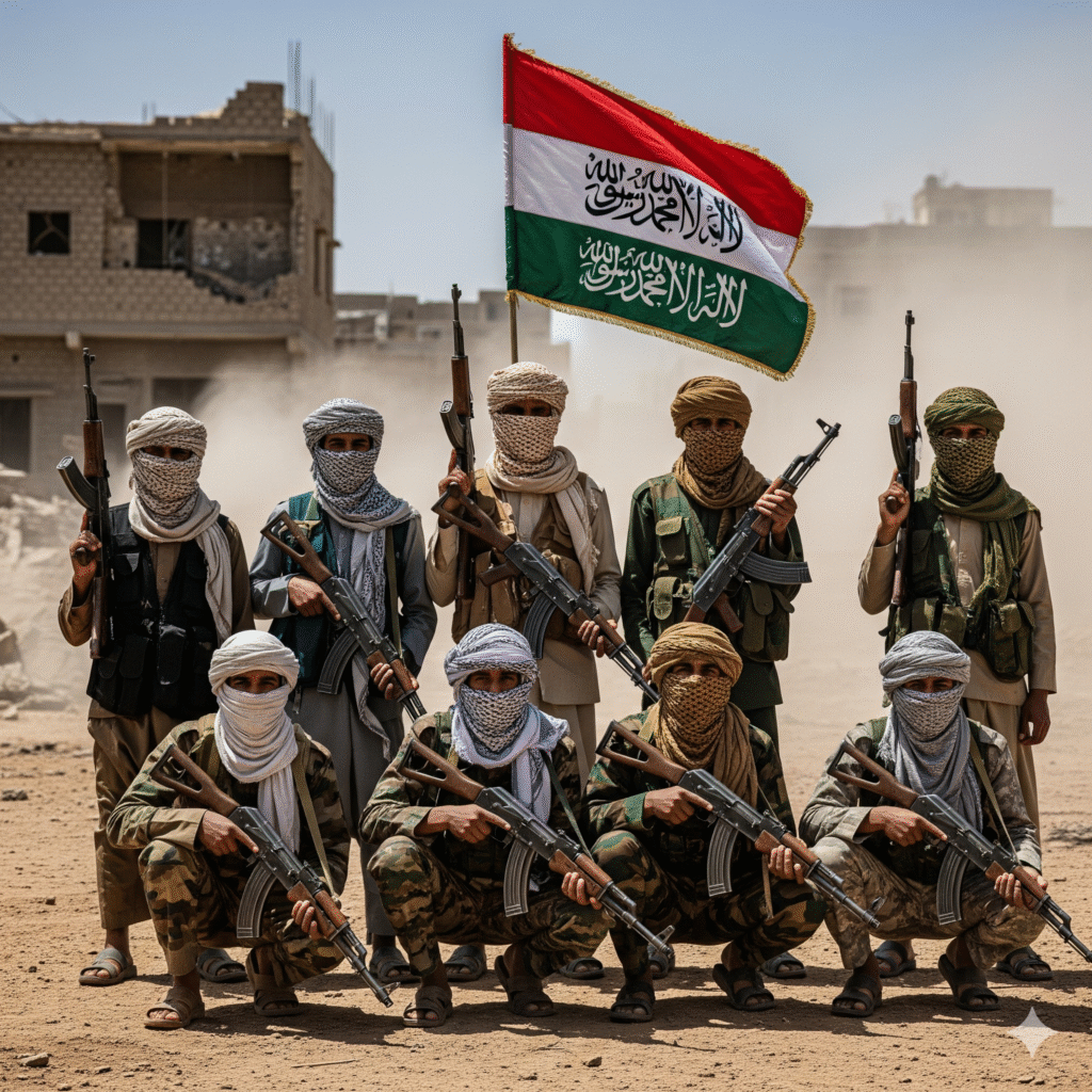 Armed Houthi fighters standing with the Houthi movement flag